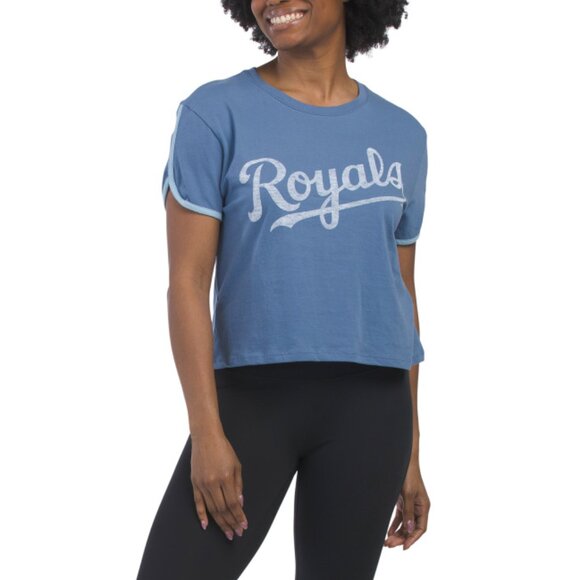 MLB BLUE MULTI Premier Wordmark Dolphin Hem Crop Top - Picture 1 of 2